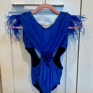 Girls Dance Costume - CH XL Royal Blue Leo with Feathers - Jazz